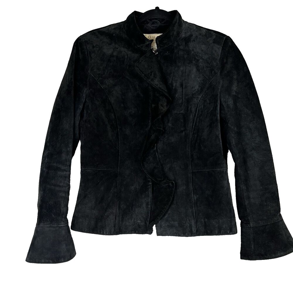 Country Clothing Company Jacket 100% Suede Leather Coat Medium Black Ruffle